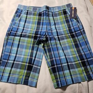 Cherokee Boys 18 Husky Blue Green Plaid Flat‎ Front Cotton Shorts NWT 18H